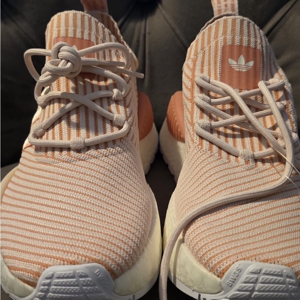 Adidas Peach and White Striped Sneakers